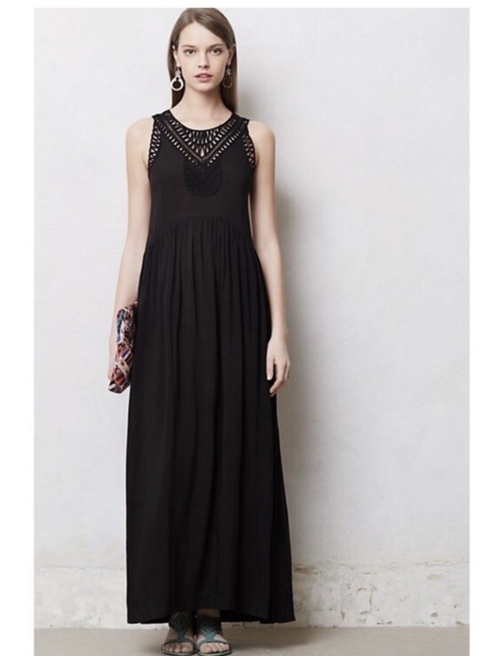 Anthropologie Mermaid Brand M Black Macrame Maxi Dress Boho Chic festival Flowy